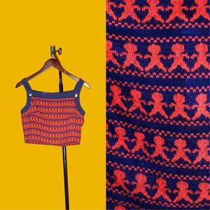 1960s-1970s LANZ People Print Crop Top NOVELTY KISTCH Blue & Red Blouse. XS